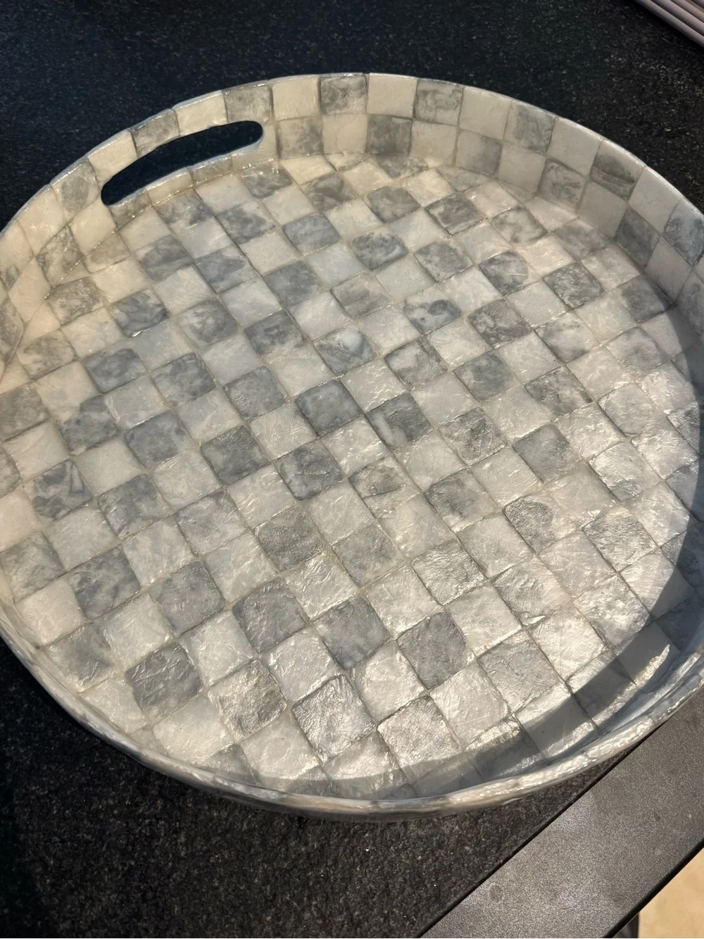 MacKenzie Childs Round Checkerboard Mosaic Tray — White & Gray